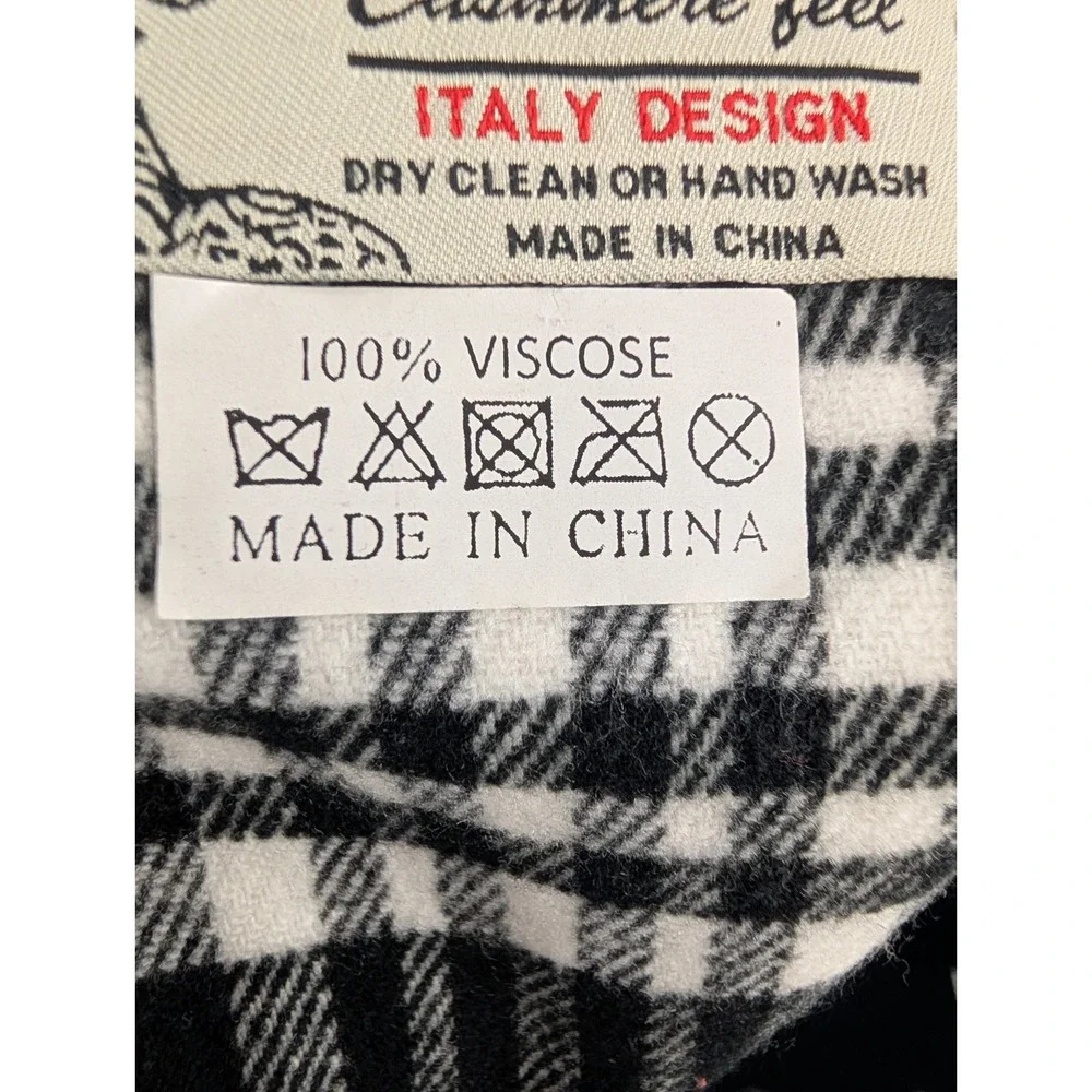 Italy Design Cashmere Feel 100% Viscos Black Plaid Scarf with Fringe NWOT